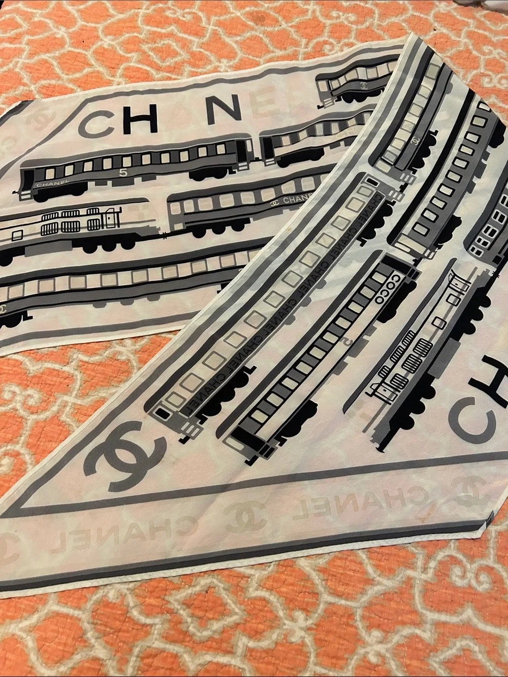 CHANEL Black, White/Cream Train-Print Silk Scarf